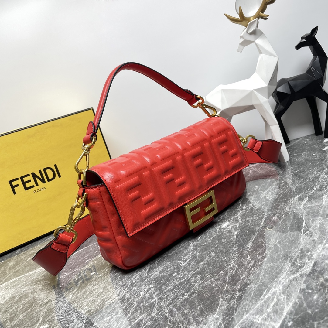 Fendi Medium Baguette Nappa Leather with FF Motif Shoulder Bag Red